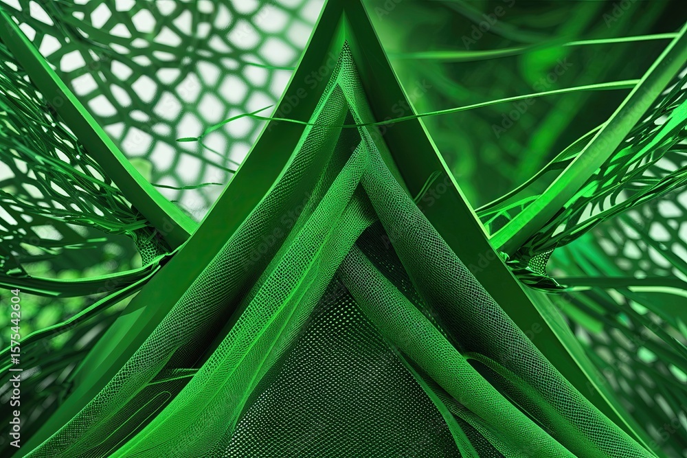 Poster dynamic green triangular background with abstract mesh pattern for health innovation and scientific 