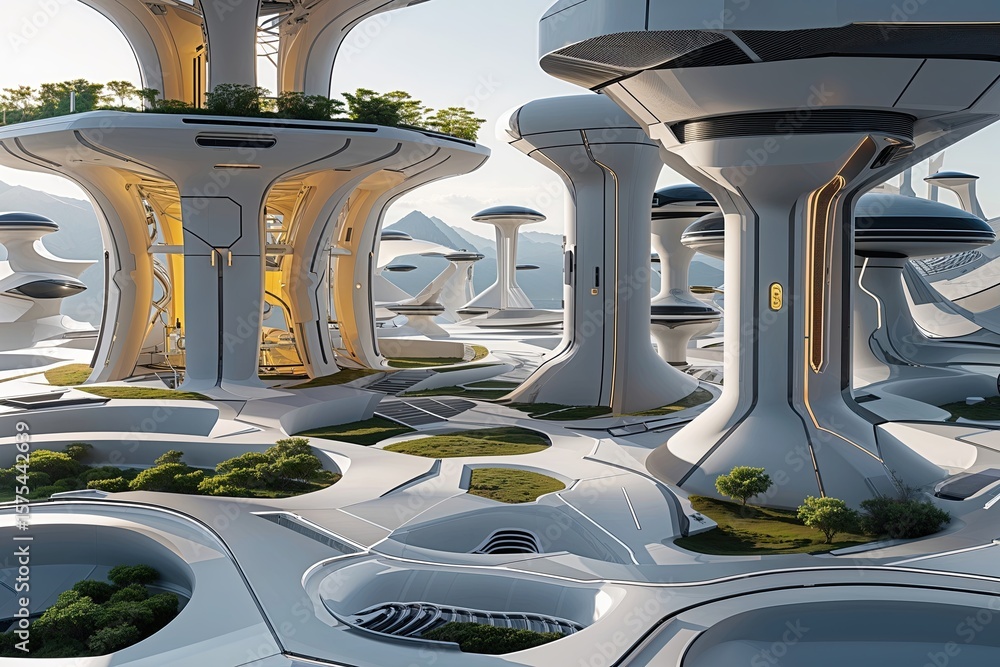 Poster futuristic isometric visualization of synthetic structures for immersive virtual experiences