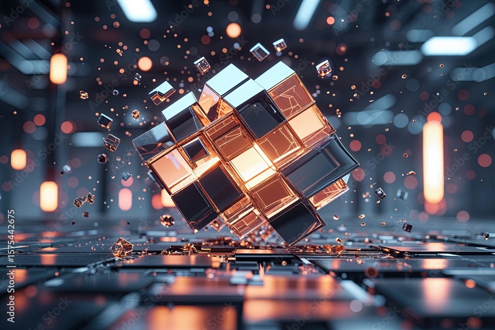 Poster stunning 3d visualization of fragmenting cube segments in dynamic motion and advanced technology