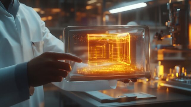 Scientist holds transparent tablet displaying holographic model of revolutionary gadget lab bathed cool light gadget glowing vivid detail Hyper realistic high fidelity 8K resolution cinematic lighting