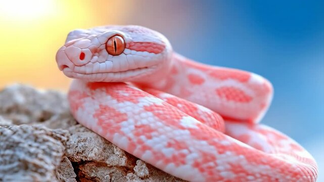 White pink snake coiled on rocky surface, sunny sky
