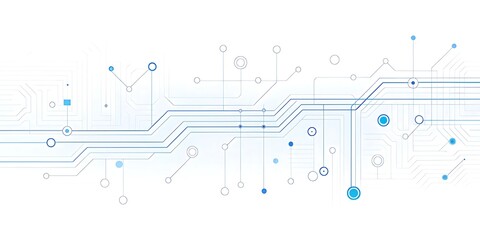 Abstract blue lines and circles forming a digital circuit pattern on a white background.