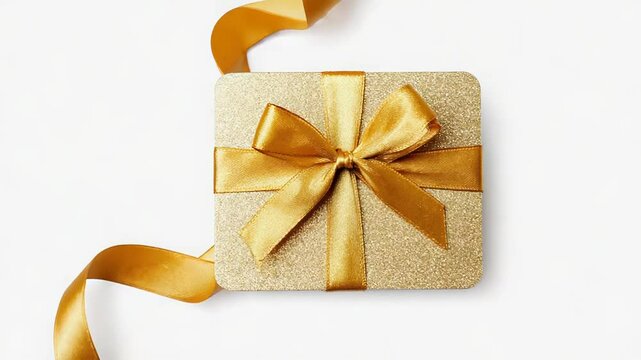 Golden gift card wrapped with a bow on white background