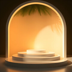 Tiered pedestal with arched backdrop and palm shadows