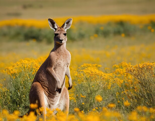 Kangaroo, sharp and realistic, Photo. colorful wild flowers with natural light.