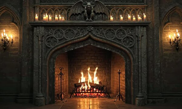 Ornate gothic fireplace with burning fire and lit candles, a dark interior.