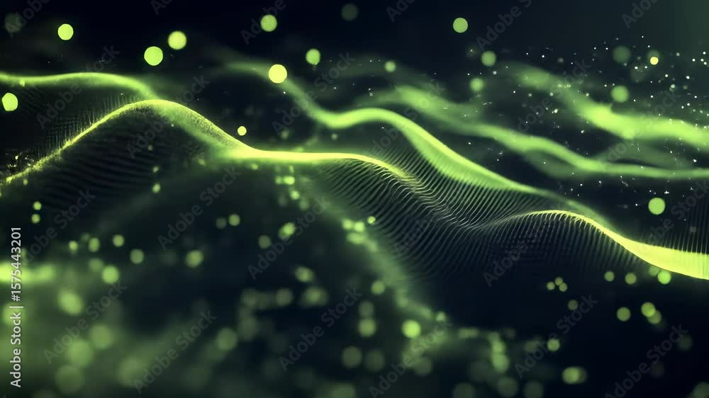 Poster abstract green wave glowing particle digital background futuristic technology energy dynamic motion 