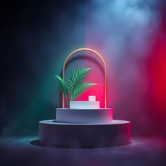 Minimalist display with tropical foliage and golden arch