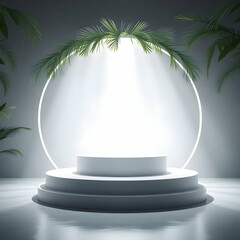 White podium with tropical leaves and spotlight stage