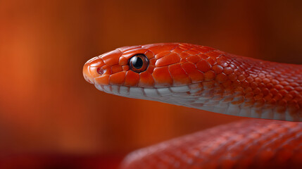 Fototapeta premium Scarlet Snake: A striking image of a scarlet snake, showcasing its vibrant red scales and focused gaze, set against a blurred, earthy background, capturing the captivating beauty of this reptile.