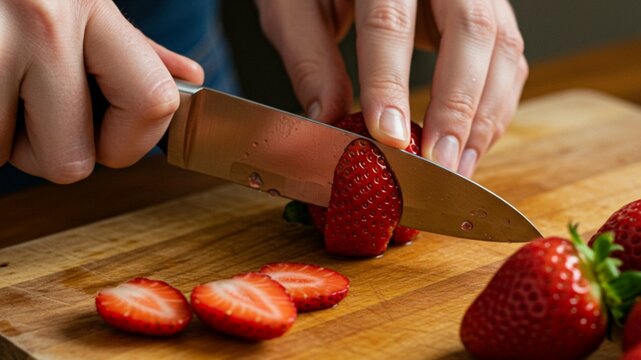 Close up of hands slicing fresh red strawberries on a wooden cutting board in a kitchen for a healthy snack or recipe ingredient.