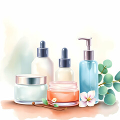 Skincare bottles and jars with eucalyptus cosmetic