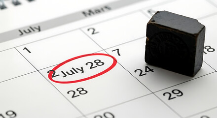 A circled date on a calendar, July 28th, marked with a small, dark object.