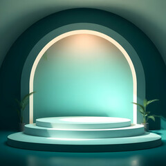 Teal archway stage with plants podium green