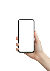 Slender light-skinned female hand holding a modern sleek black smartphone vertically with a blank white screen and dynamic island cutout, on a transparent studio background. Product mockup concept
