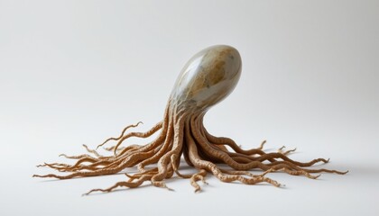 a biomorphic sculpture in the form of a rooted capsule, made from gelatinous membrane, that extends tendrils, isolated on pure white background, ultra high resolution, no text or branding.