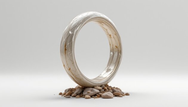a biomorphic relic in the form of a undulating ring, made from semi transparent biopolymer, that floats slightly above ground, isolated on pure white background, ultra high resolution