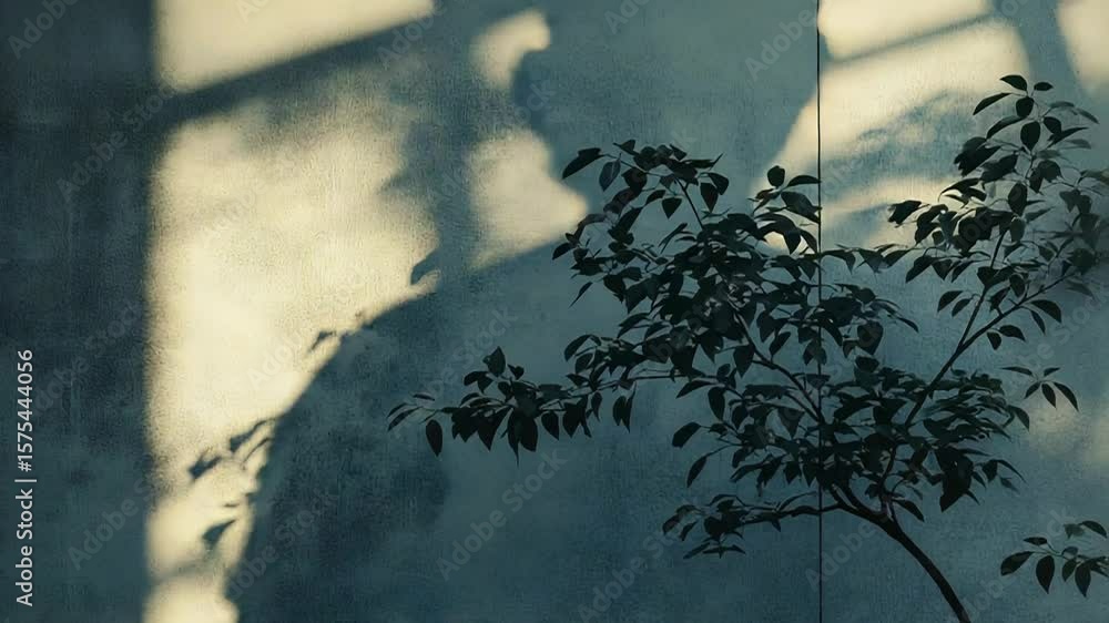 Poster sunlight creating shadows of tree branches on concrete wall