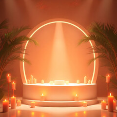 Warm candlelight illuminating tropical arch podium