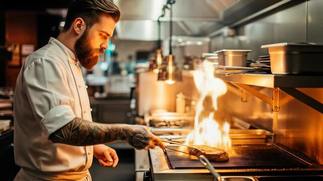 Bearded Chef Flames Grilled Steak in Restaurant Kitchen