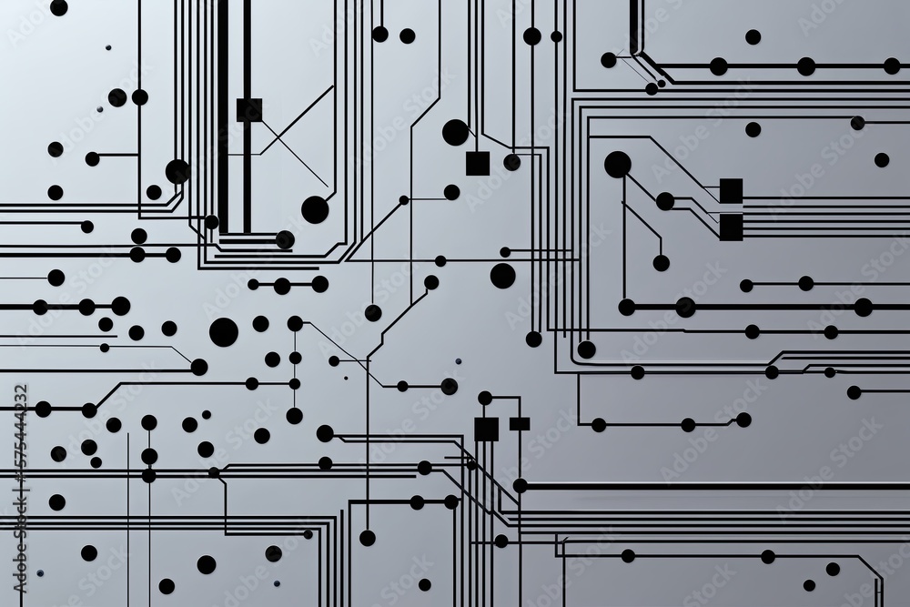 Poster minimalist abstract circuit design with interwoven lines and dots in contemporary technology style