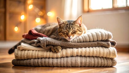 Cozy cat resting on stack of knitted blankets