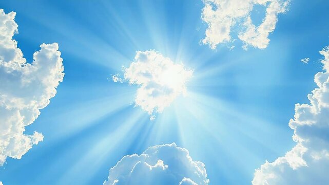 Sun shining through white clouds in blue sky