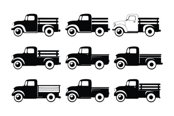 Vintage Pickup Truck Icons: A collection of nine classic pickup truck icons, in black and white, perfect for adding a touch of retro charm to your designs.