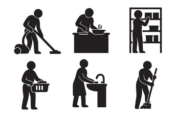 Domestic Duties Depicted: An illustrative portrayal of daily household tasks showcases individuals engaged in cleaning, food preparation, and organization.