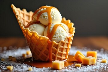 Waffle Cup with Ice Cream and Caramel on Wooden Table
