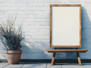 Empty picture frame on a wooden easel against a white brick wall.