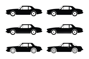 Silhouetted Cars: A collection of sleek, black cars, expertly rendered in a flat illustration, offer a glimpse of automotive design. Representing speed and style in a minimal, yet impactful.