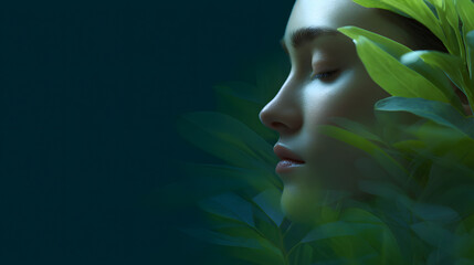 Inner Peace in Nature's Embrace: A young woman finds serenity and contemplation. Her eyes gently closed, with lush greenery enveloping her, whispering a quiet promise of well-being and harmony. 