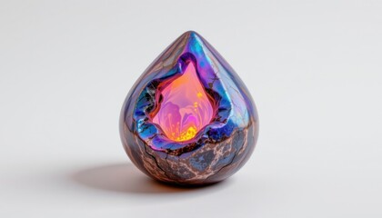a biomorphic stone in the form of a droplet cocoon, made from soft iridescent tissue, that glows from within, isolated on pure white background, ultra high resolution, no text or branding.