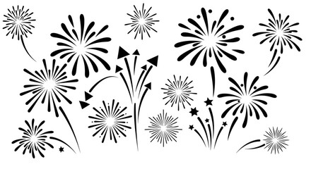Set of stylized black fireworks on a transparent white background isolated set
