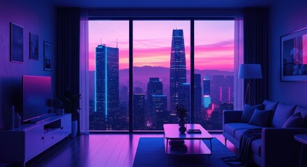 Modern Living Room with Large Window View of City Skyline at Sunset in Purple and Blue Lighting