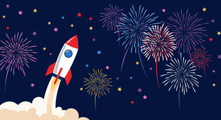 Cartoon rocket launching into the night sky with fireworks and stars celebration