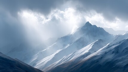 High mountain ridge with dramatic clouds and rays of light