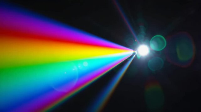 bright rainbow prism light spreading across dark background, refraction beams and lens flares 