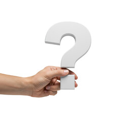 A gender-neutral adult human hand grasping a large, transparent 3D question mark symbol, against a transparent studio background with diffused lighting and no shadows, symbolizing inquiry and