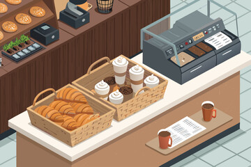 Impressive Isometric Caf Counter with Croissants Coffee - Dramatic and Intense Visual Story Great fo