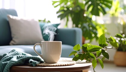 Cozy coffee, warm home, plants