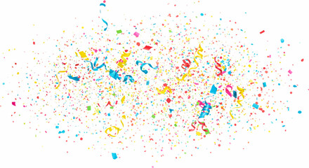 Festive explosion of vibrant confetti and streamers against a clean white background