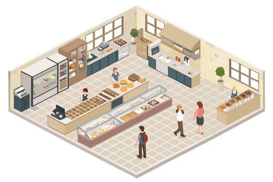 Magnificent Isometric Bakery Shop Floorplan with Tiled Interi - Vibrant and Dynamic Visual Story Per