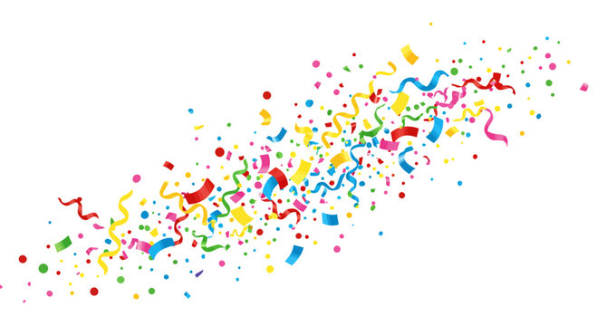 Festive explosion of colorful confetti and ribbons isolated on white background