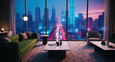 Modern Living Room with Floor to Ceiling Windows Showcasing City Skyline at Night