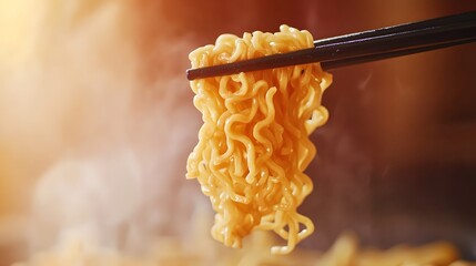 Instant noodles held by chopsticks.