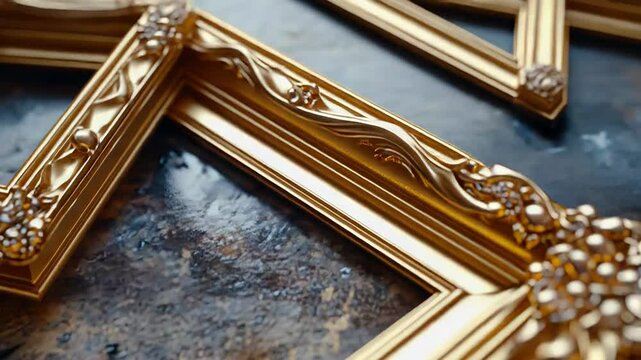 Golden ornate frame resting on a table in a workshop