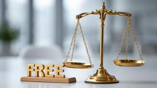 Free trade agreement. Golden scale balance with free word on wooden base and chain symbolizing fairness and equal opportunity in bright modern setting