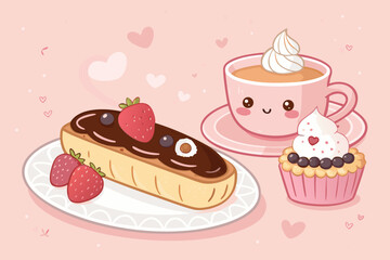 Brilliant Kawaii Eclair and Tart Sharing Tea Pastry - Cozy and Intimate Visual Story Perfect for Soc